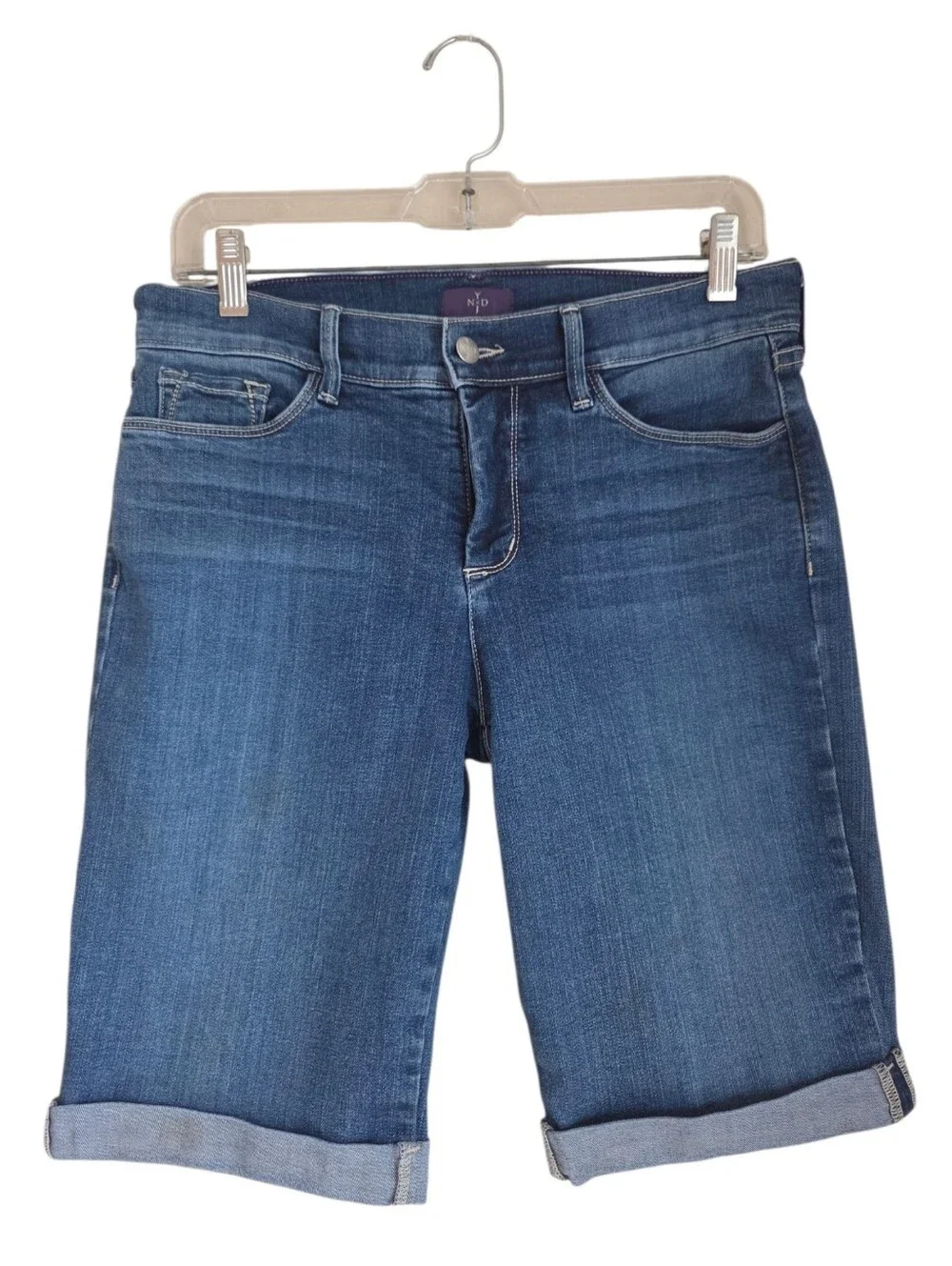 nydj womens blue stretch denim cuffed bermuda shorts size 4 lift tuck
